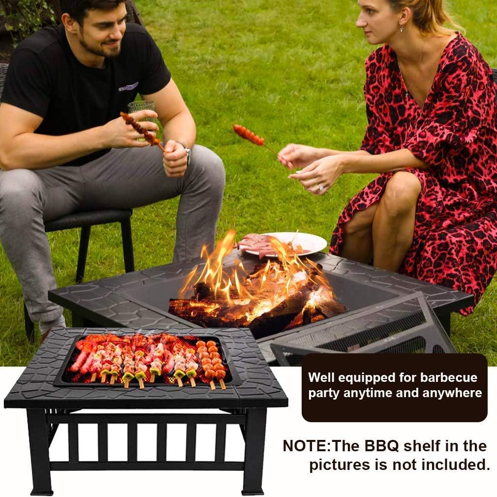 32 Metal Square Wood Burning Fire Pit with Charcoal Rack H32149
