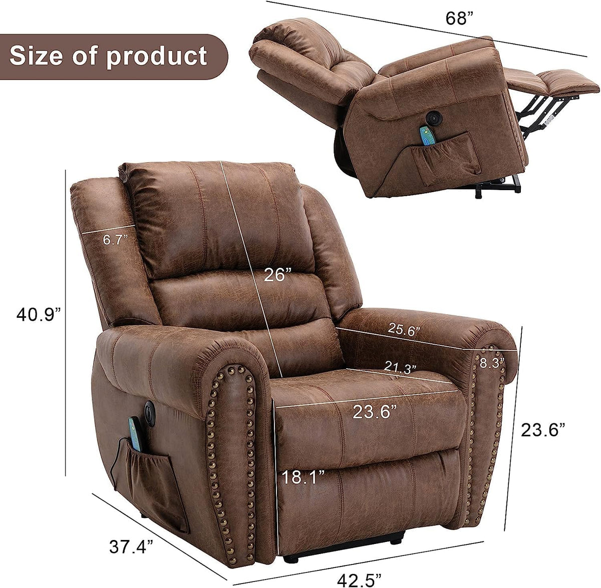 Brown Leather Oversized Power Lift Reclining Sofa D764