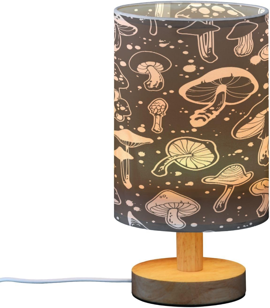 Black White Mushroom Bedside Table Lamp with USB Port Wood Base Round Flaxen Fabric Shade O3992