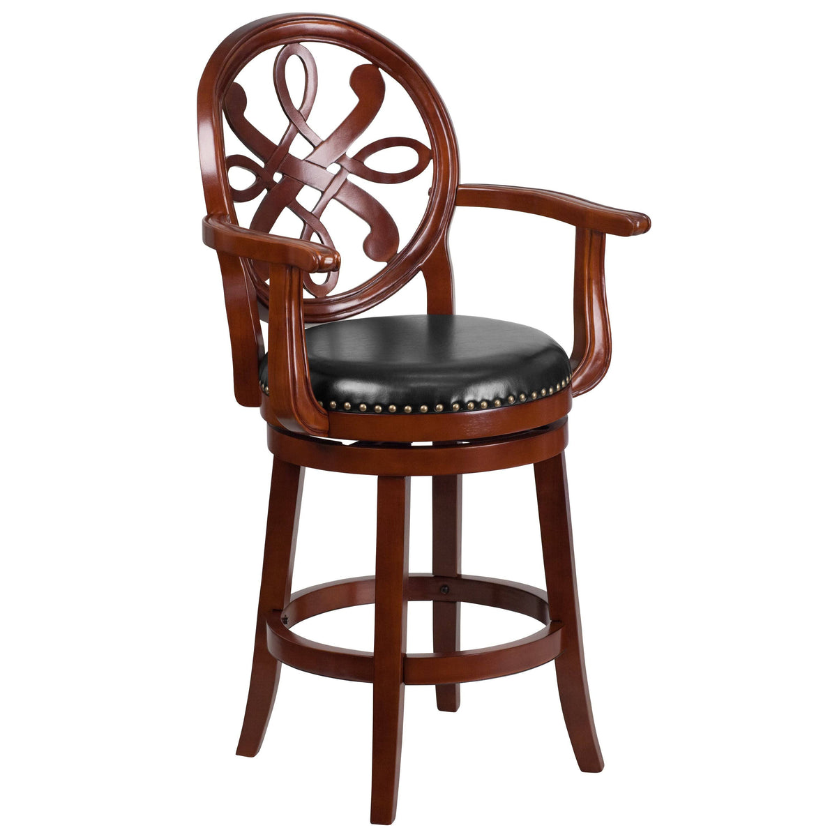 26" High Wood Counter Height Stool with Arms and Black Leather Swivel Seat D624056