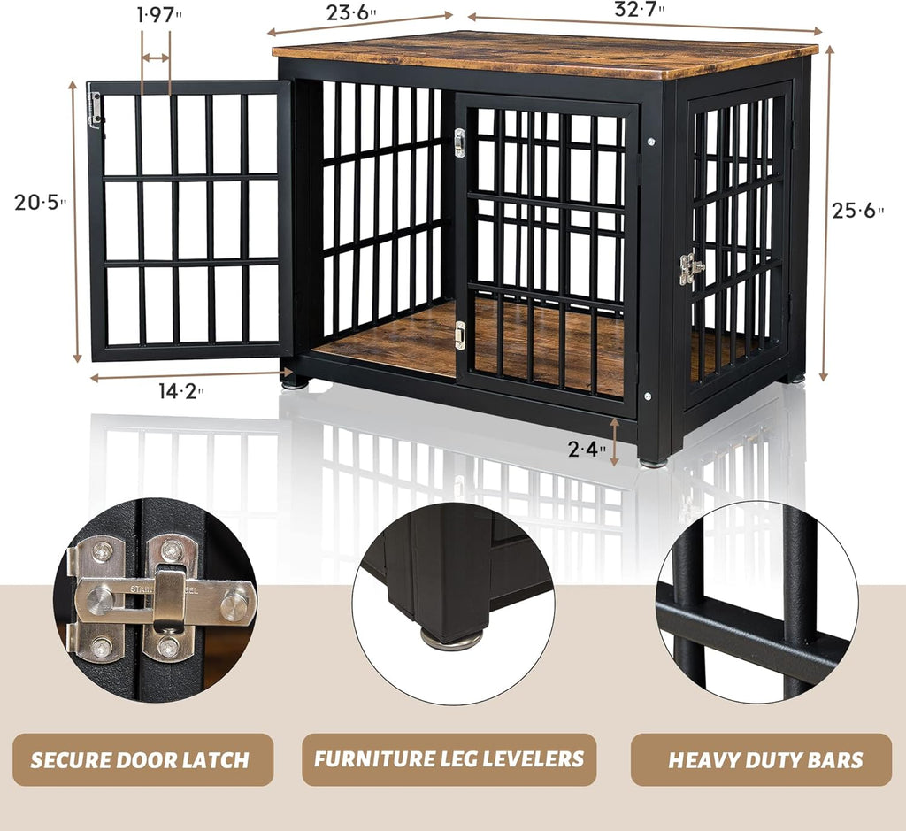 Rustic Brown and Black Wood Dog Crate with Double Doors Z4890