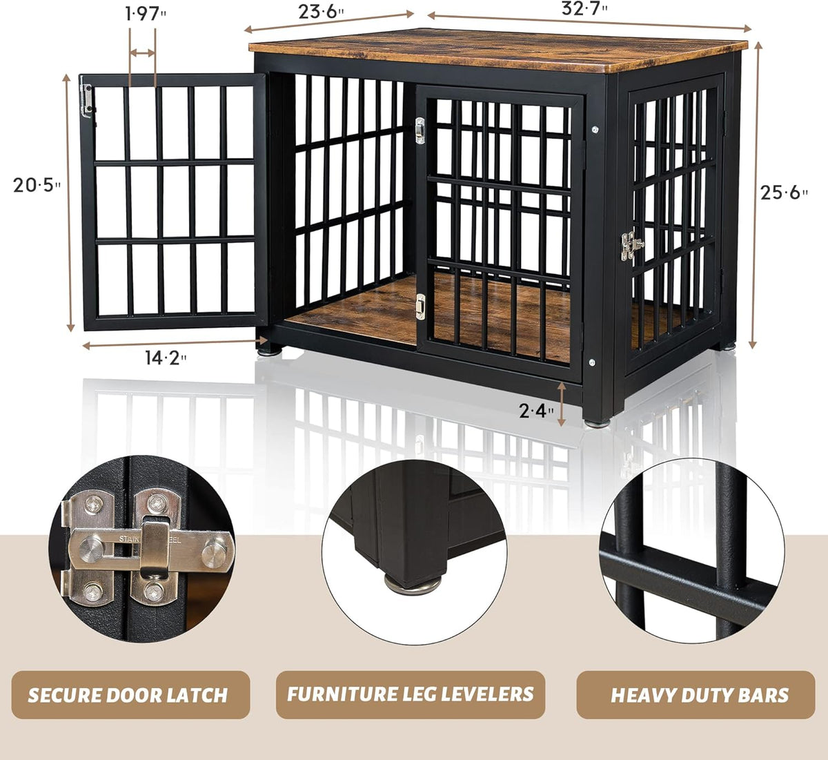 Rustic Brown and Black Wood Dog Crate with Double Doors Z4890
