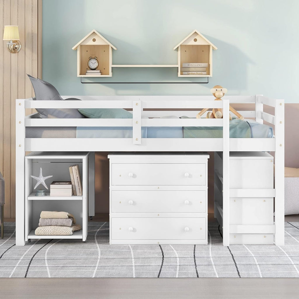 White Full Size Low Loft Bed with Cabinet Shelves and Rolling Portable Desk MDF Pine V36856