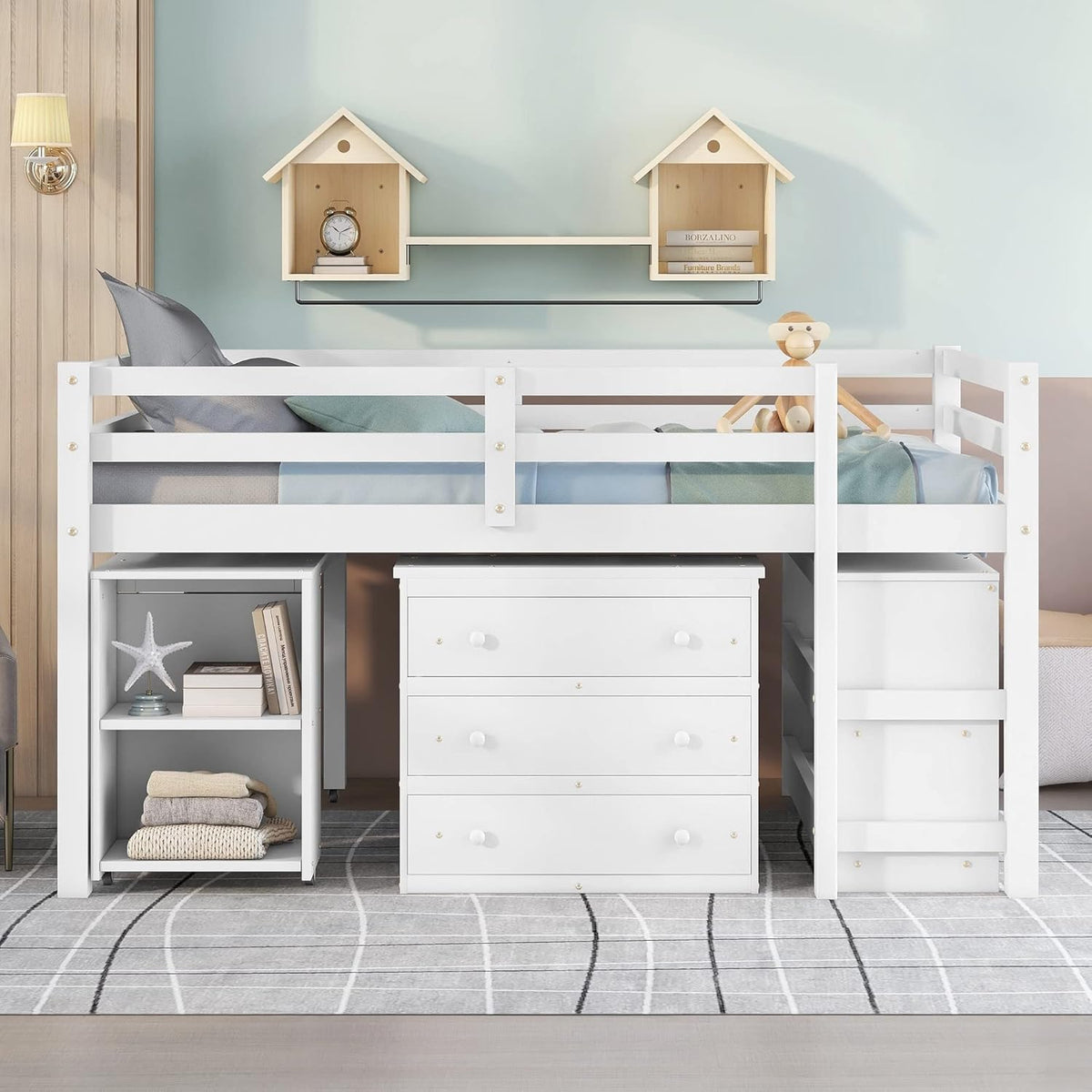 White Full Size Low Loft Bed with Cabinet Shelves and Rolling Portable Desk MDF Pine V36856