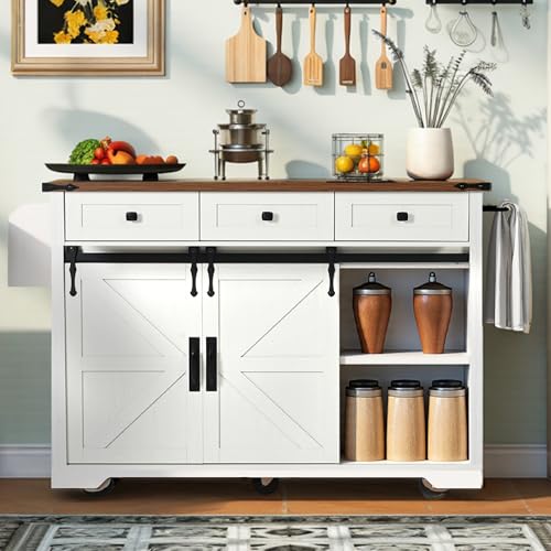 White Farmhouse Kitchen Island with Power Outlet, 2 Sliding Barn Door Storage, Drop Leaf, 3 Drawers, Rolling Cart on Wheels V55032