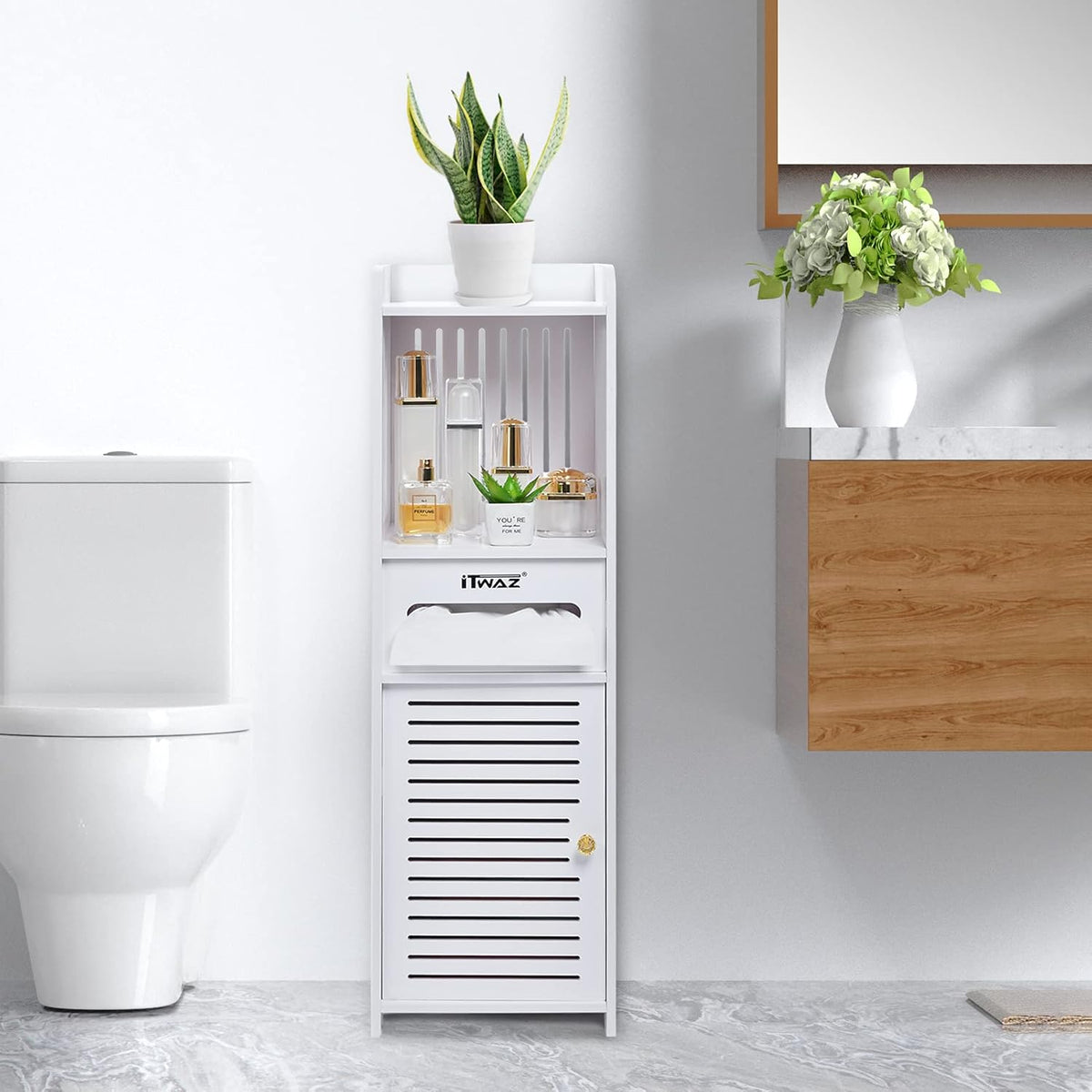 White Free-Standing Bathroom Storage Cabinet with Single Door and 3-Layer Shelves X506868