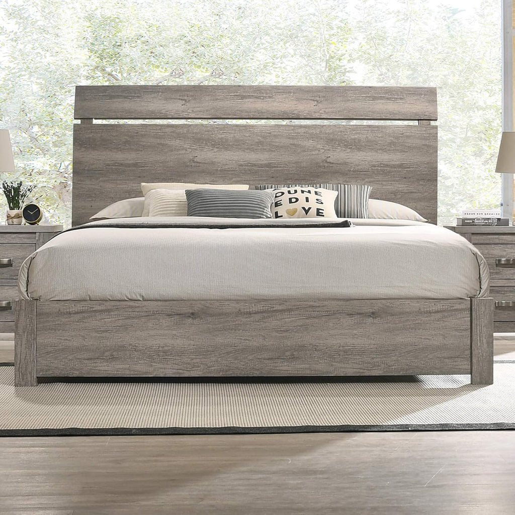 Weathered Gray Wood Queen Panel Bed, Dresser, Mirror, Nightstand, Chest M2510