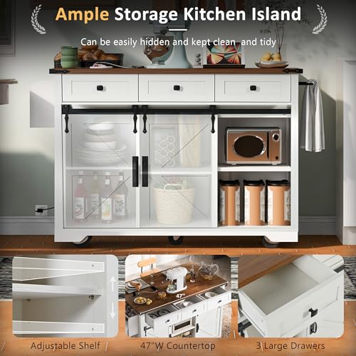 White Farmhouse Kitchen Island with Power Outlet, 2 Sliding Barn Door Storage, Drop Leaf, 3 Drawers, Rolling Cart on Wheels V55032