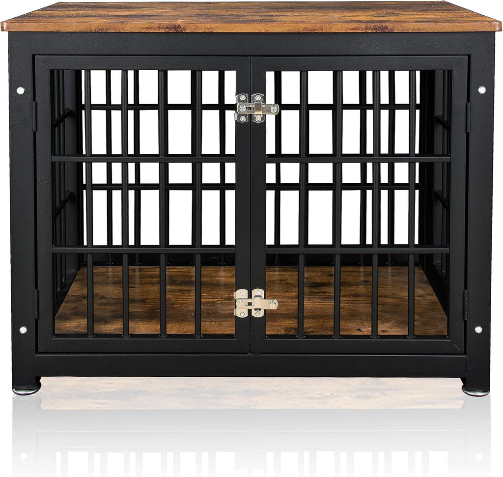 Rustic Brown and Black Wood Dog Crate with Double Doors Z4890