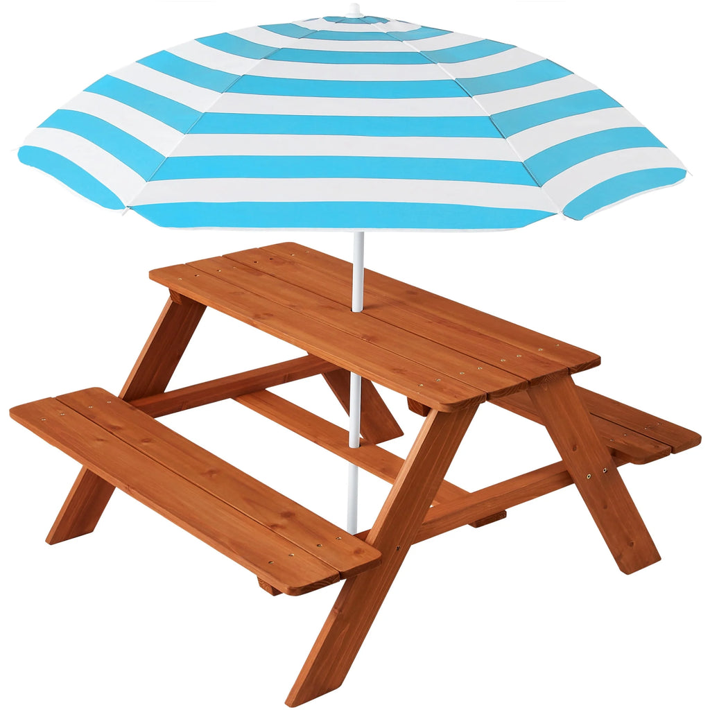 Kids Wooden Picnic Table with Adjustable Umbrella and Built-In Seats L289392