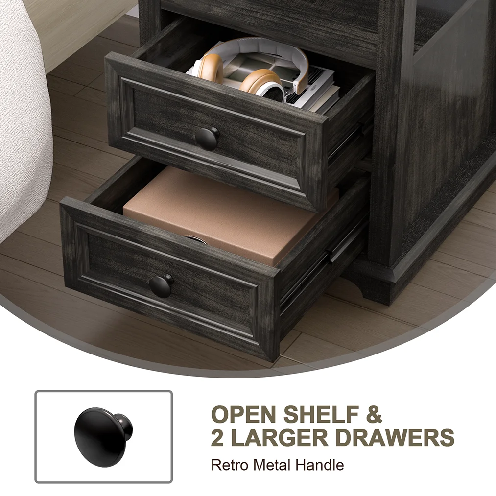 24” Tall End Table with USB C Charging Station, 2 Drawers, Black J8846