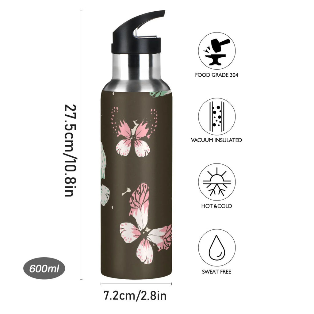 Pink-green Butterfly Leopard Print Stainless Steel Vacuum Insulated Water Bottle with Straw Lid 20 OZ D63662