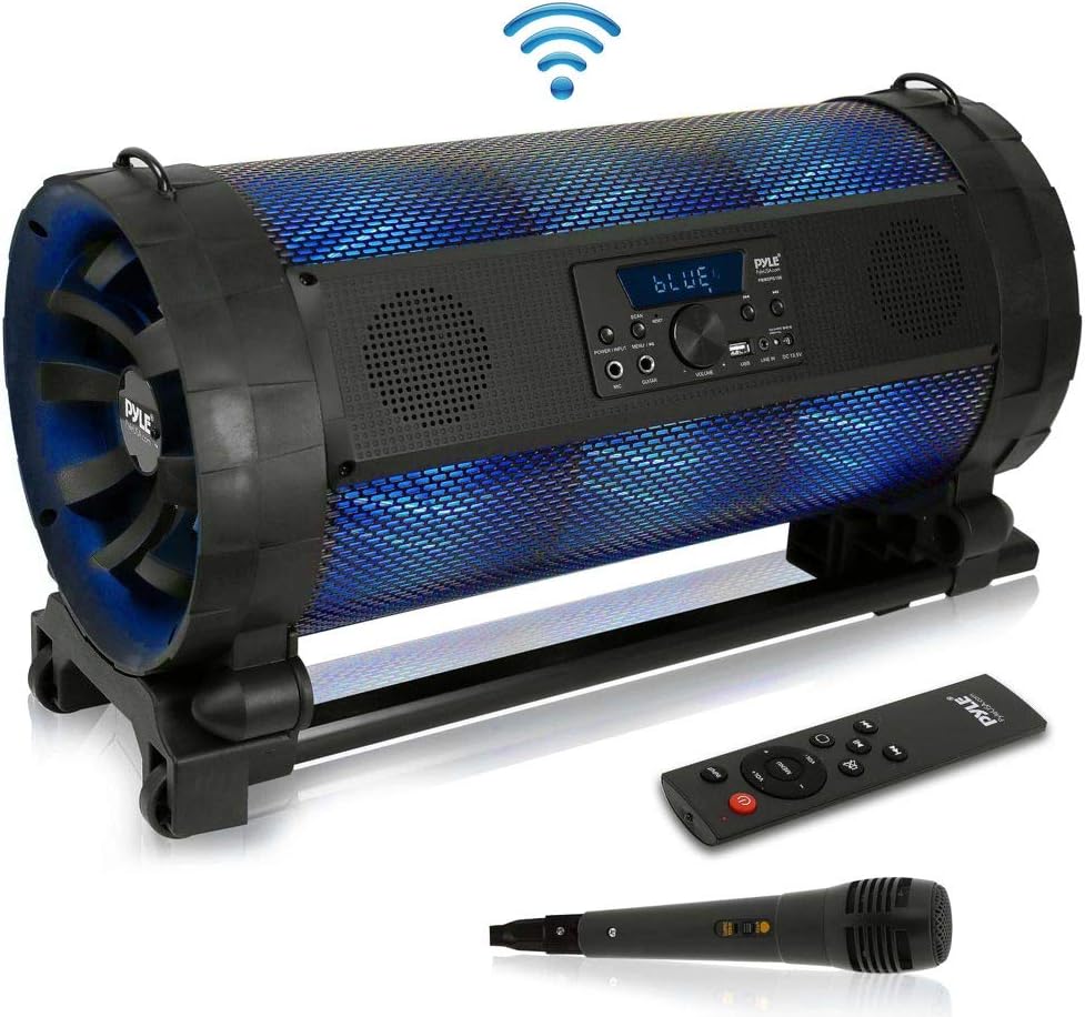 Black Bluetooth Boombox Stereo Speaker with FM Radio, Remote, LED Lights, Rechargeable Battery D44053
