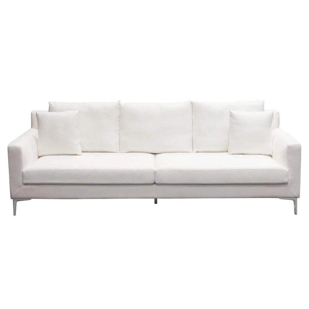 White Linen Sofa with Polished Silver Metal Leg T958