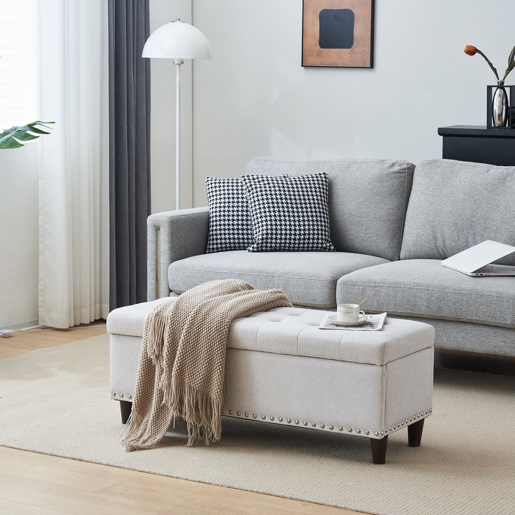 Off-White Linen Upholstered Storage Bench A228404