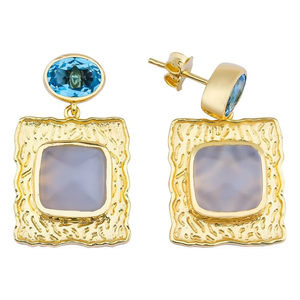Blue topaz and calcedonie earrings in sterling silver 18k gold plated Q437