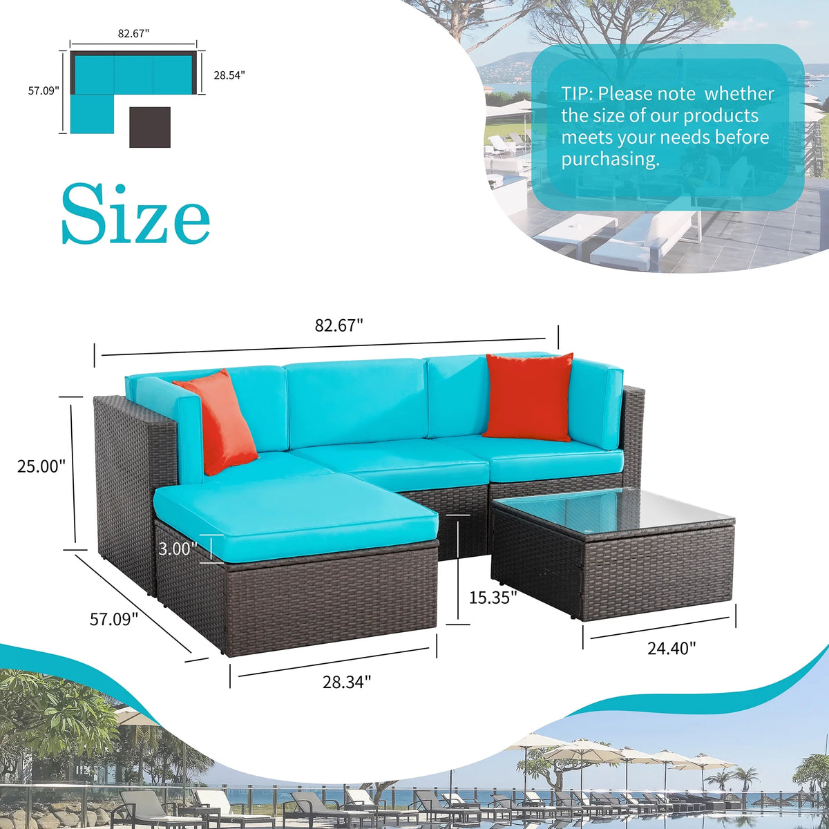 5 Pieces All-Weather PE Rattan Wicker Patio Sofa Set E34780