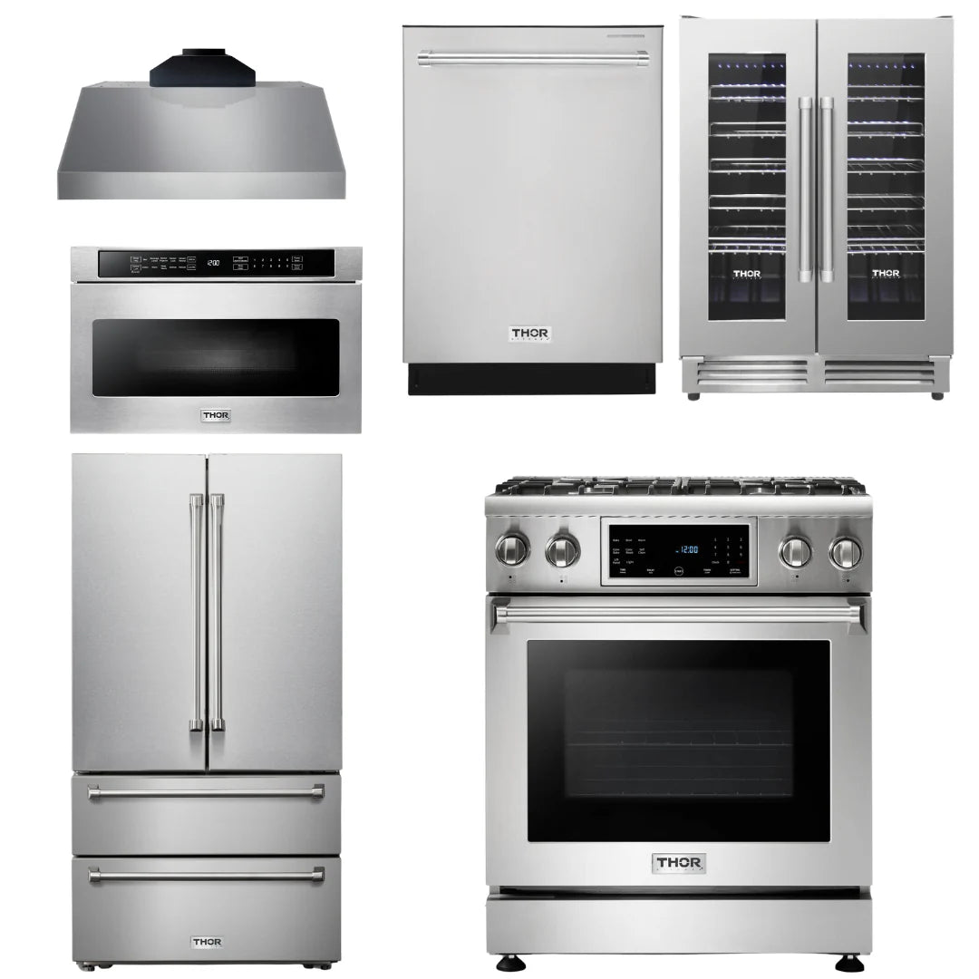 30 Gas Range, Range Hood, Microwave, Refrigerator, Dishwasher, Wine Cooler F339