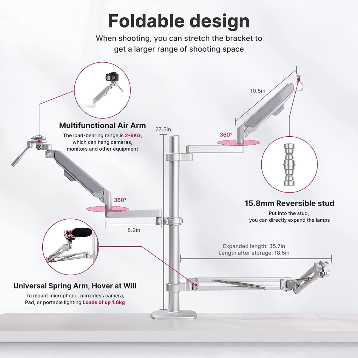 Desk Camera Mount Webcam Stand with Microphone Boom Arm Tripod M980