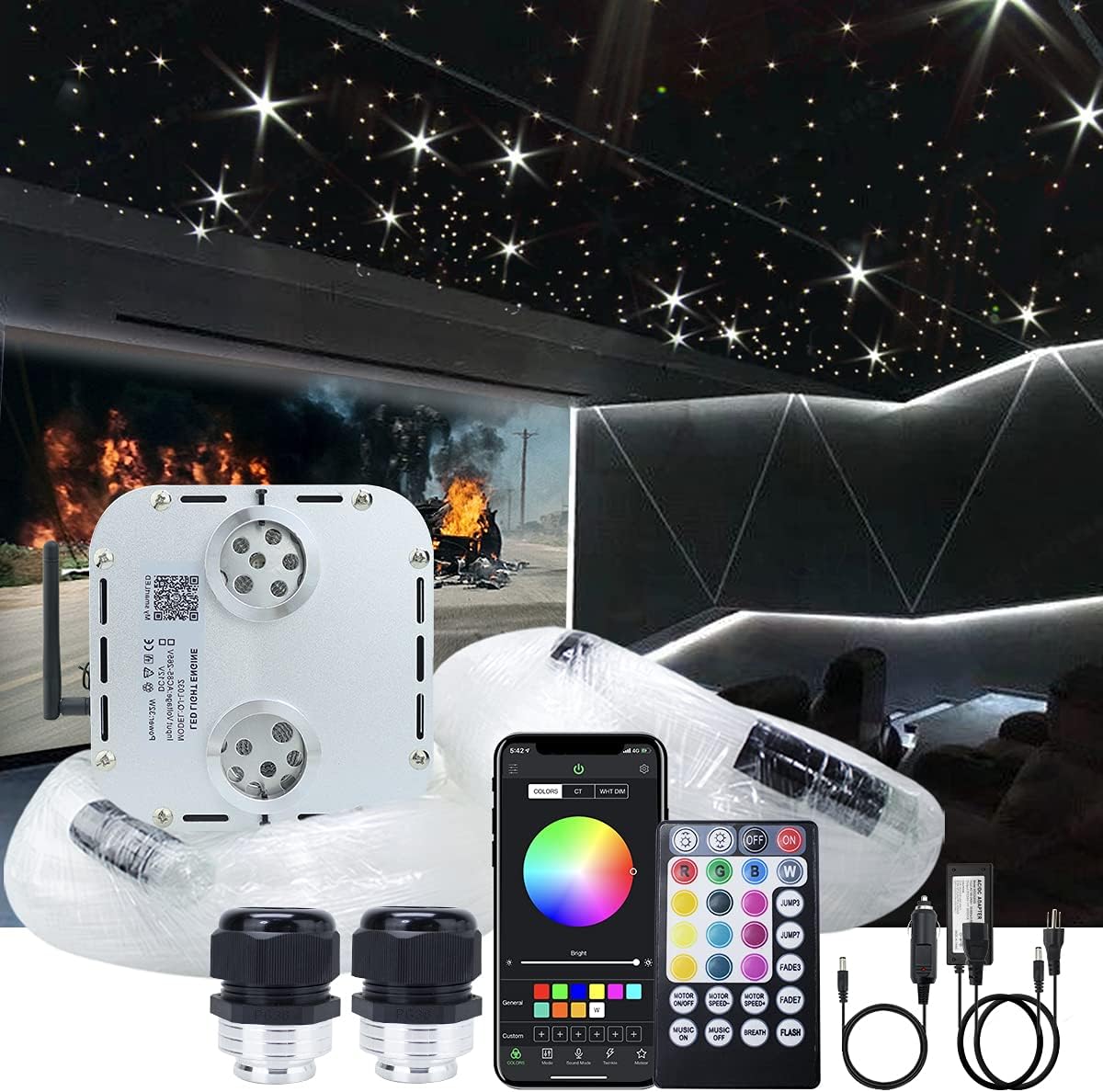 32W Dual Head Fiber Optic Lights Kit with 2000pcs 16.4ft Optical Fiber Cable and 28key Remote E8348