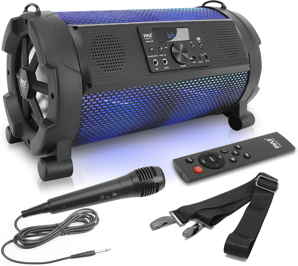 Black Bluetooth Boombox Stereo Speaker with FM Radio, Remote, LED Lights, Rechargeable Battery D44053