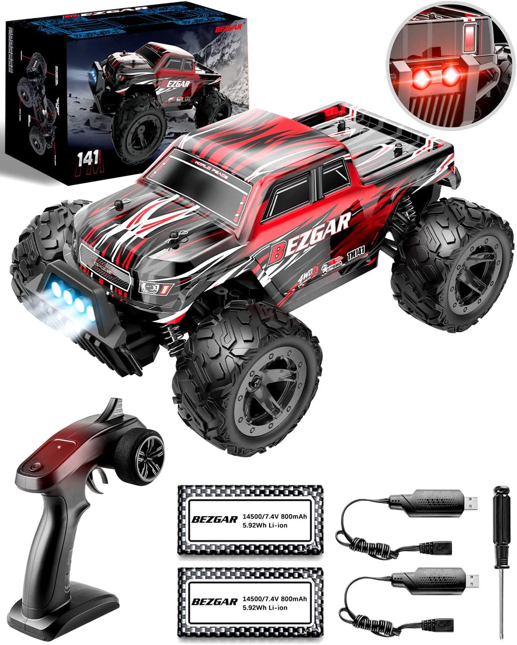 1:14 Scale Remote Control Car, 4WD Electric Toy Off Road RC Monster Truck with Two Rechargeable Batteries E488
