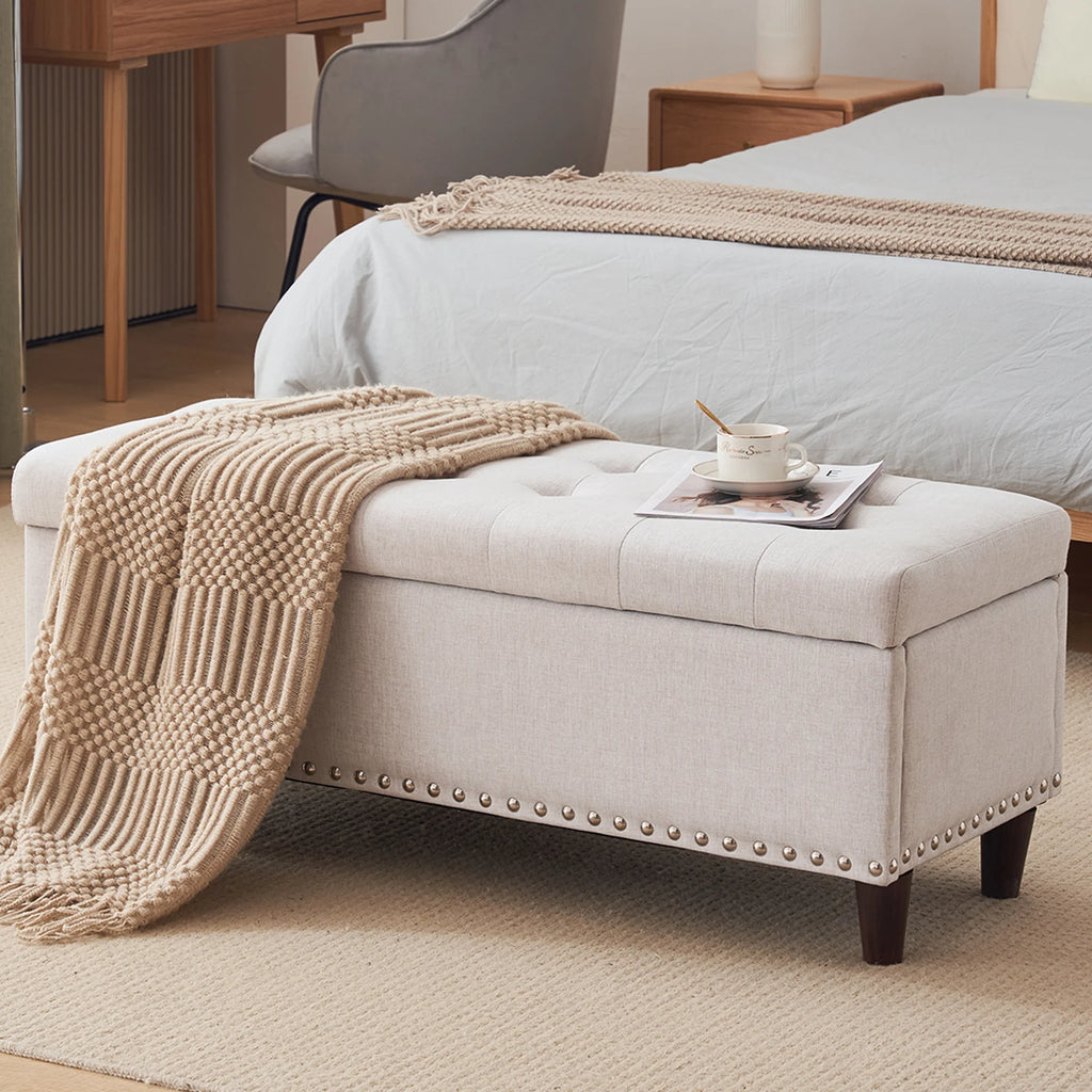 Off-White Linen Upholstered Storage Bench A228404