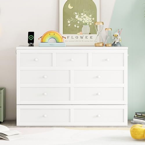 White Full Size Murphy Bed with Charging Station and Drawers R963