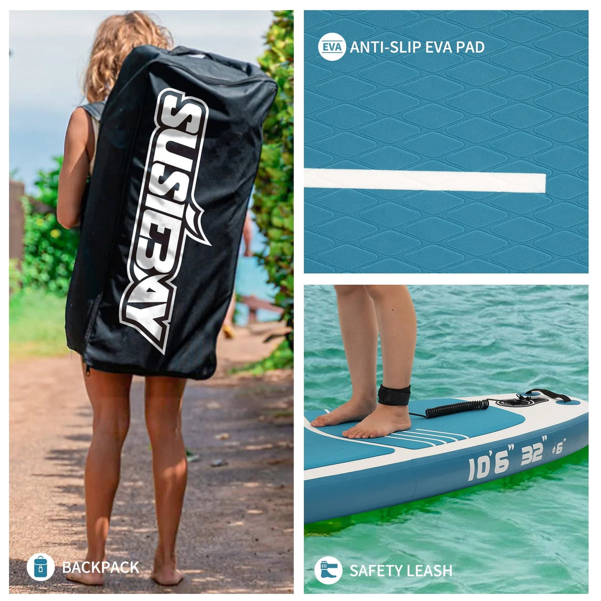 Inflatable Stand Up Paddle Board with Backpack, 10'6" 11ft Black Non-Slip Deck L188