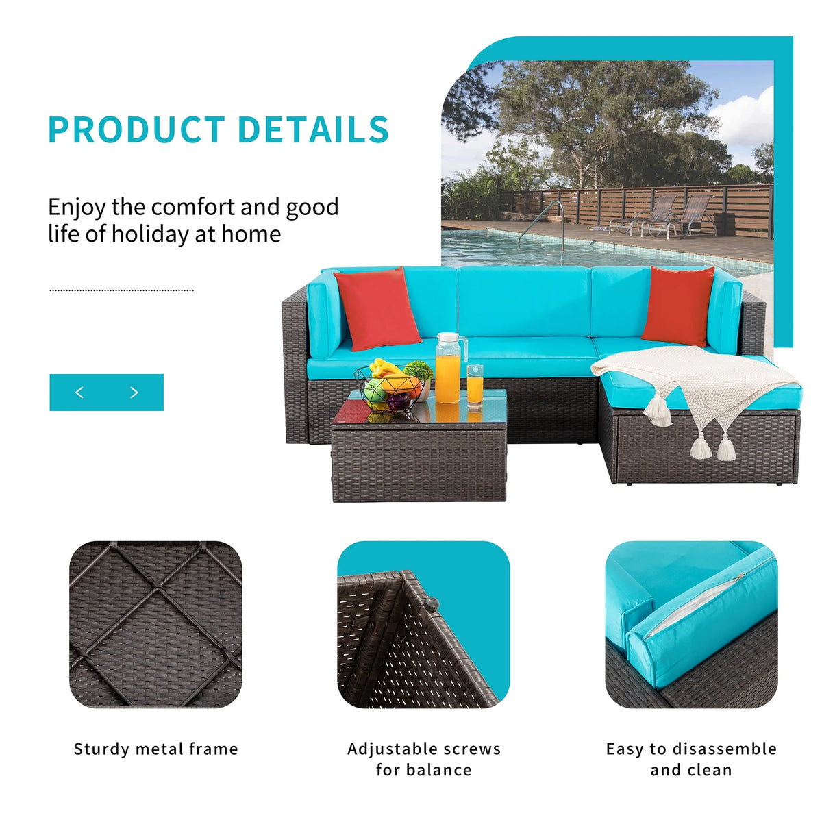 5 Pieces All-Weather PE Rattan Wicker Patio Sofa Set E34780