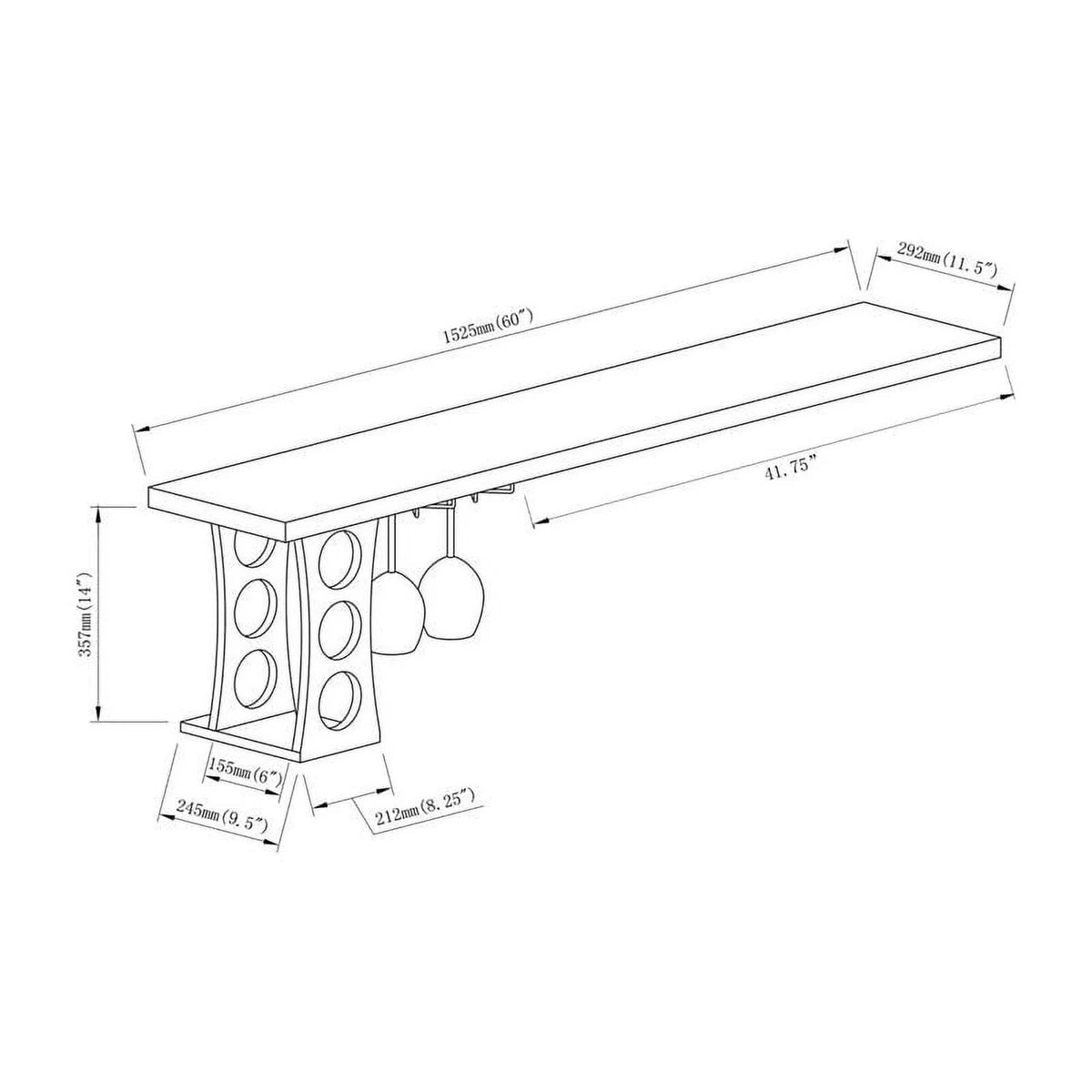 White Oak Wood Floating Bar Table with Wine Rack U10426