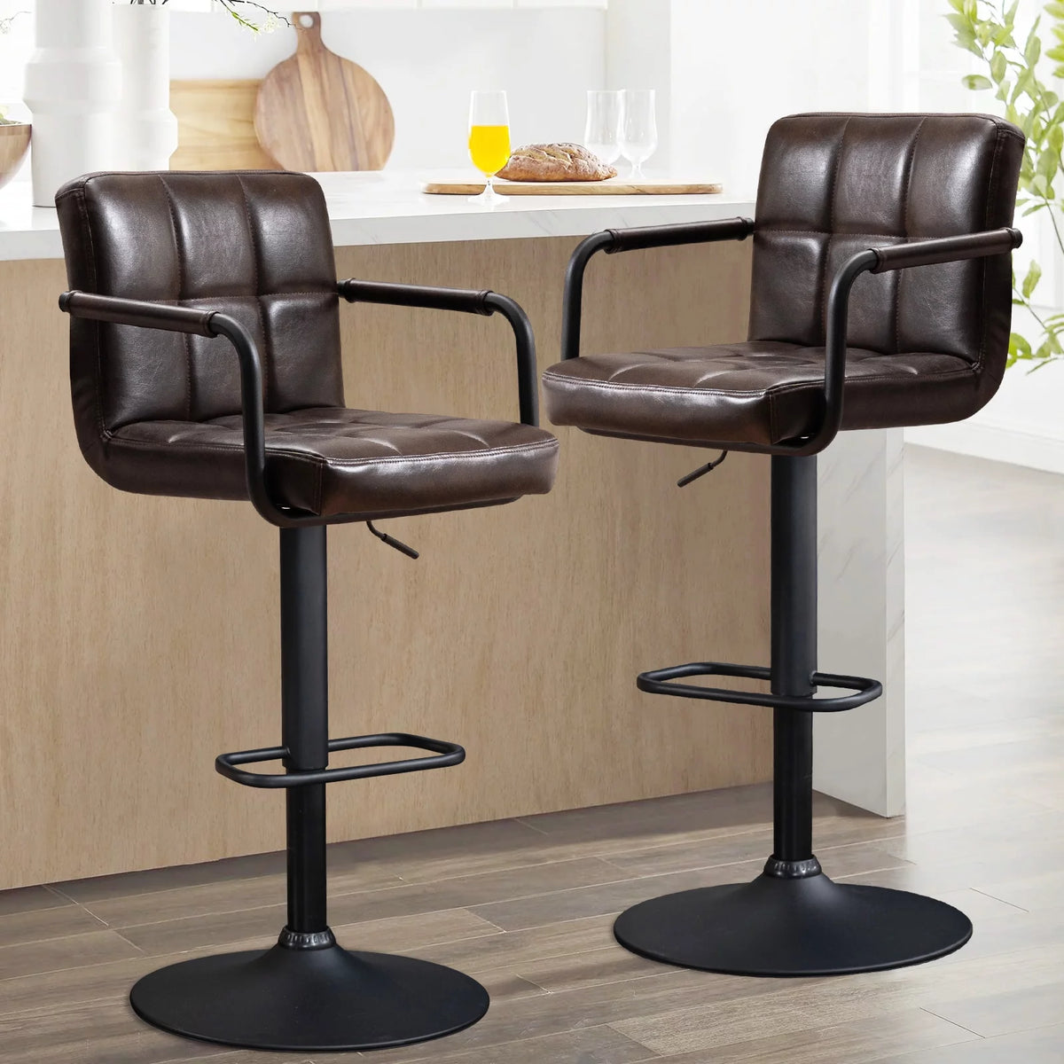 Faux Leather Swivel Bar Stools Set of 2 Adjustable Height R5752