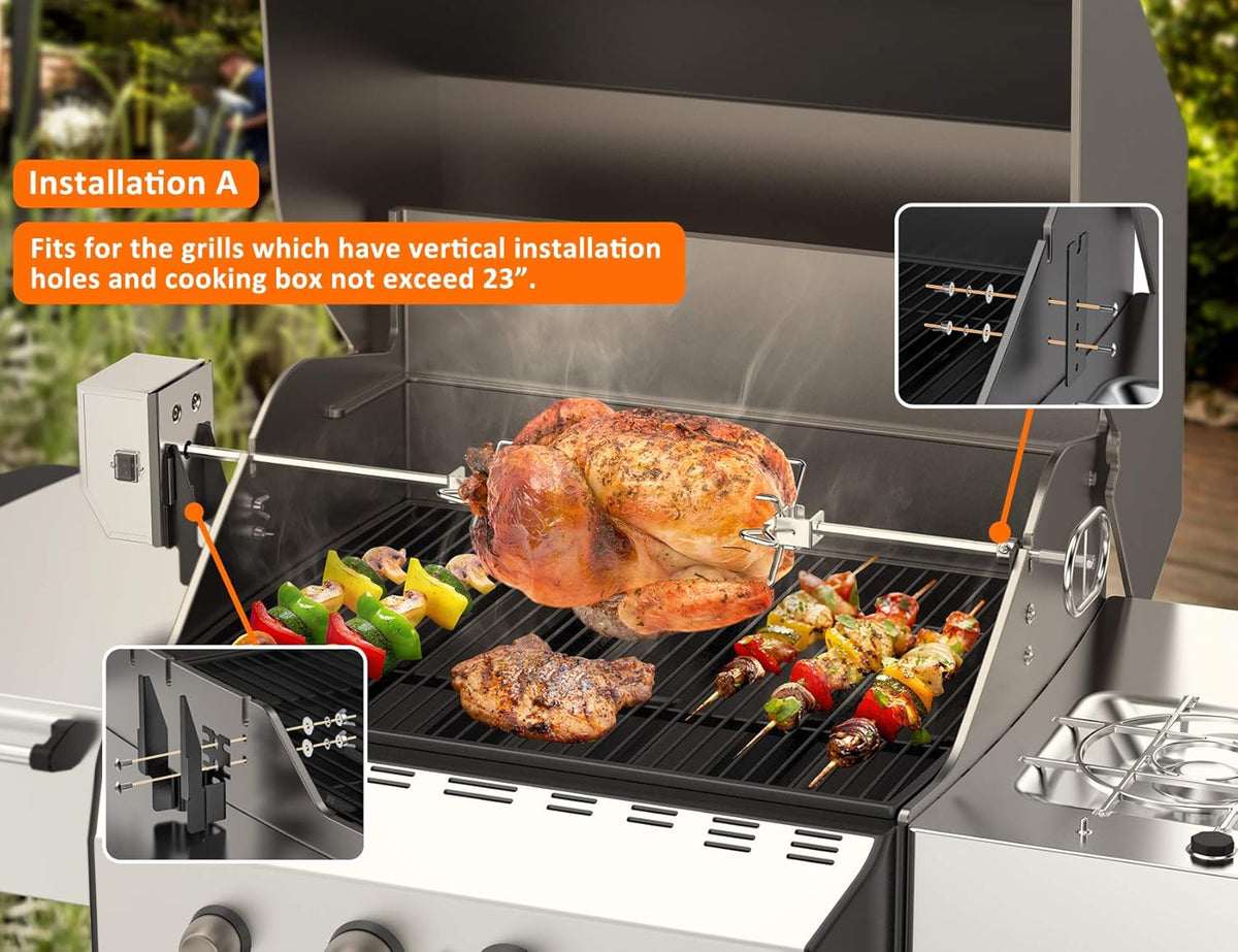 Stainless Steel Rotisserie Kit with 6 Watt 110V Electric Motor for Gas Grills, 28 × 0.35 Inch Hexagon Spit Rod Pack of 2 R8485