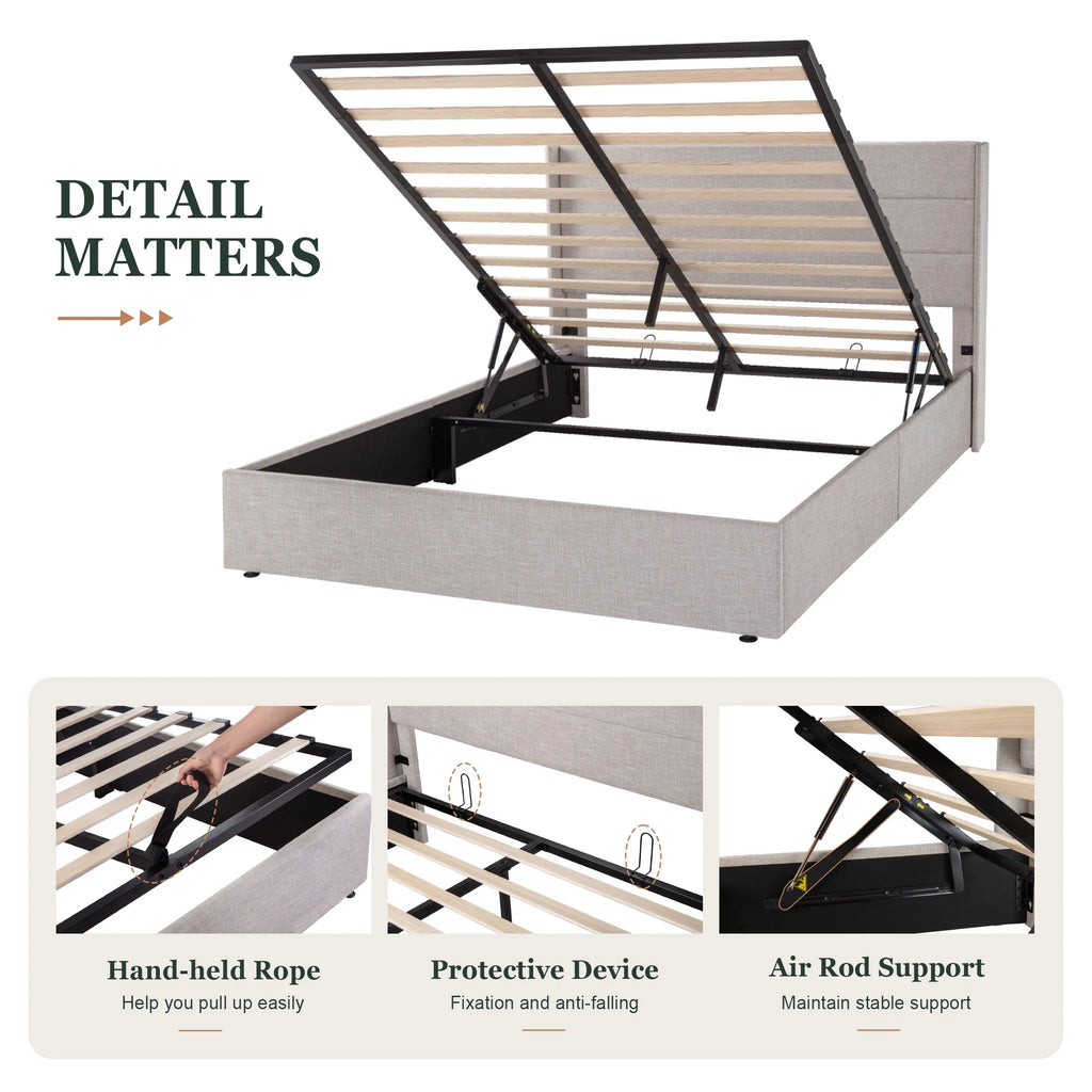 King Size Upholstered Storage Platform Bed Frame with Wingback Headboard T694866