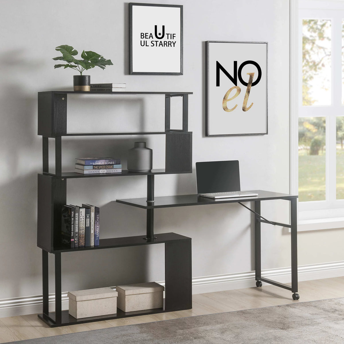 L-Shaped Corner Computer Desk with 5-Tier Bookshelf M3369