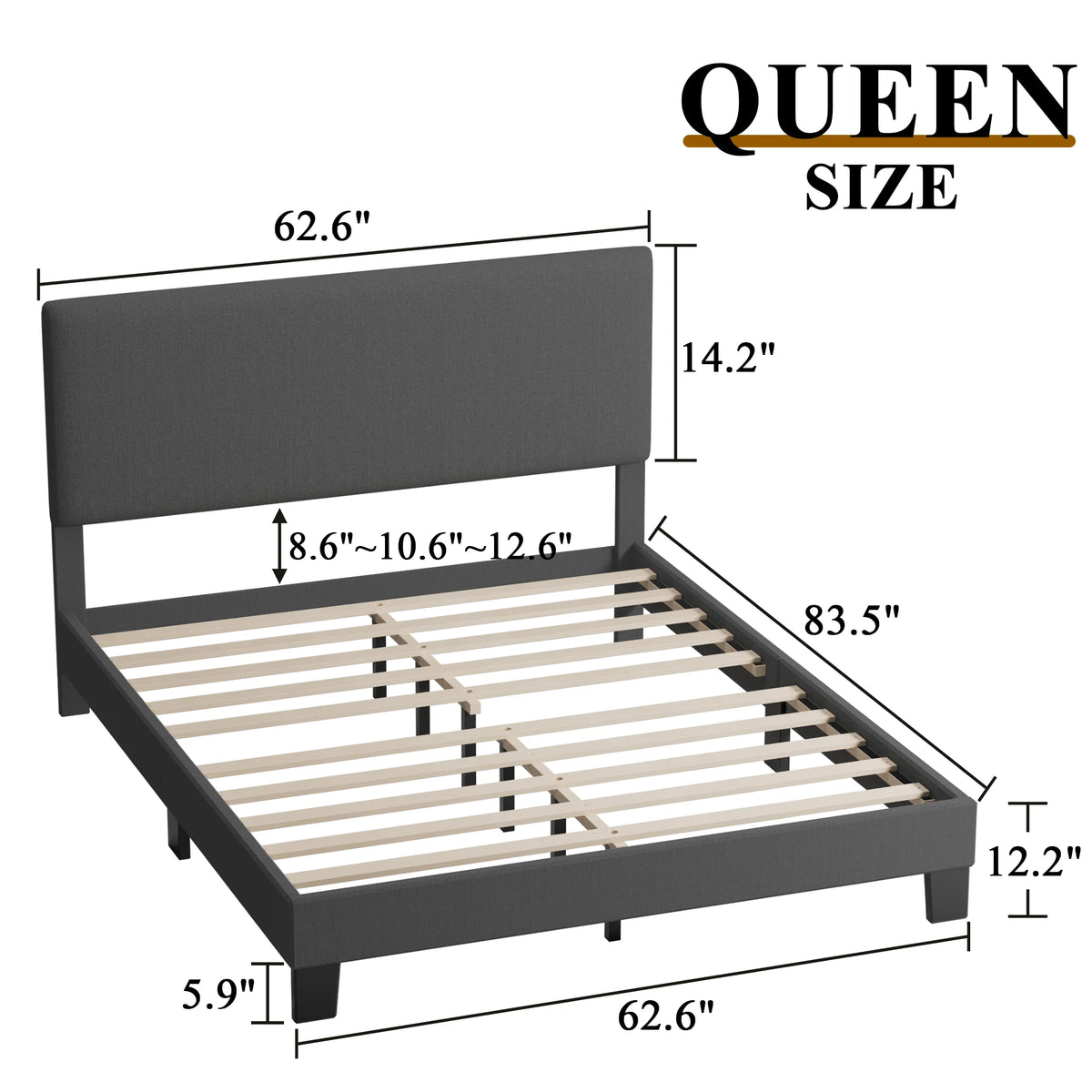 Queen Size Dark Gray Upholstered Bed Frame Q533239
