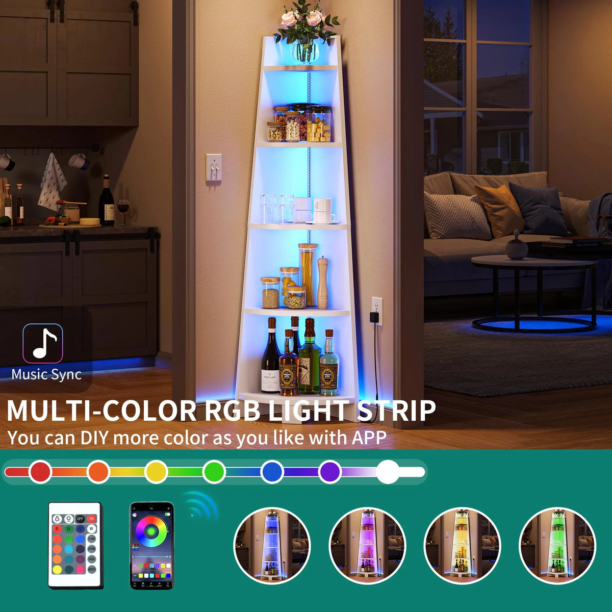 White 5 Tier Corner Shelf with Led Light C924607