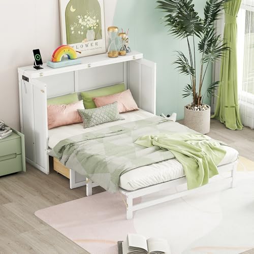 White Full Size Murphy Bed with Charging Station and Drawers R963