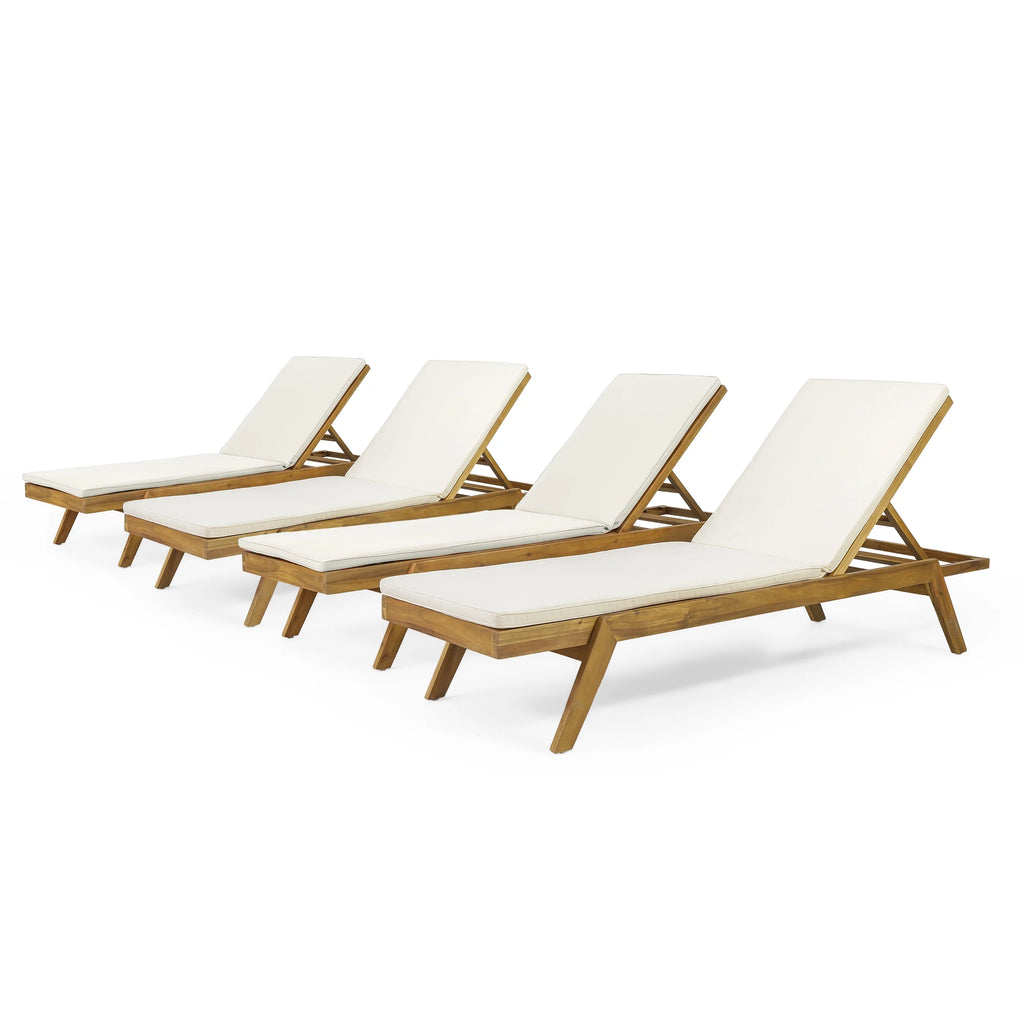 Teak Acacia Wood Chaise Lounge with Cream Cushions, Set of 4 P914800