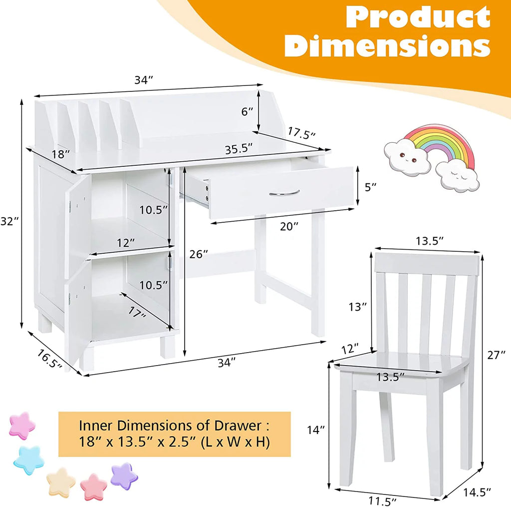 Kids Wooden Desk and Chair Set with Drawer & Storage Cabinets C368517