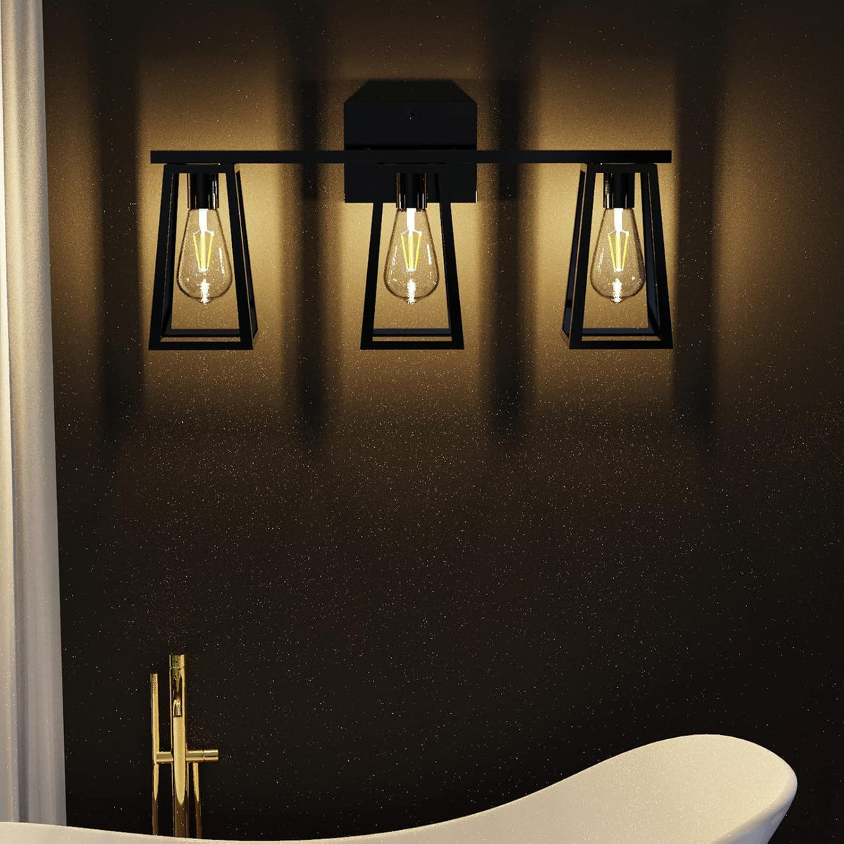 3-Light Matte Black Retro Vanity Light with Amber Glass LED Bulbs I33812