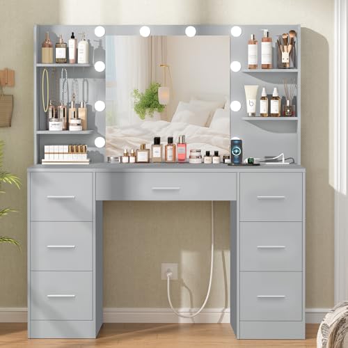 Large White Vanity Desk with Lighted Mirror and Power Outlet Q96852