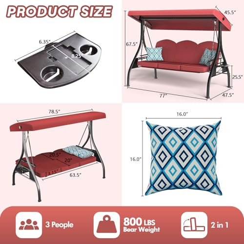 3 Seat Outdoor Patio Swing with Stand Adjustable Canopy Wine Red H862524