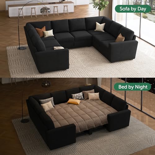 Beige Modular Sectional Sleeper Sofa Bed with Storage Ottoman T3923