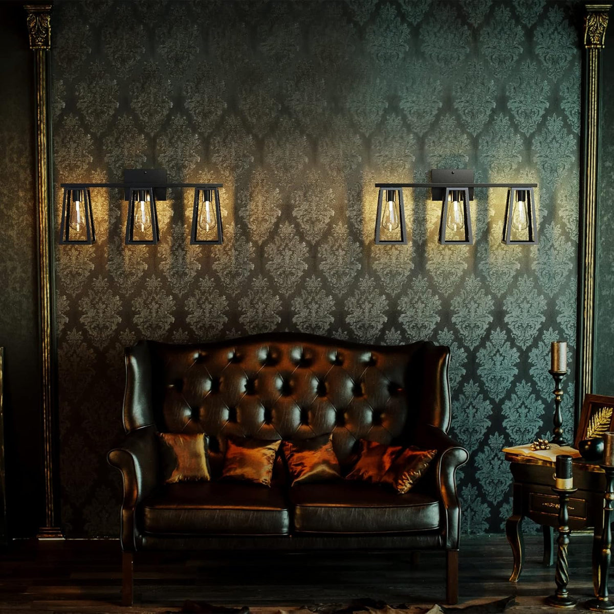 3-Light Matte Black Retro Vanity Light with Amber Glass LED Bulbs I33812