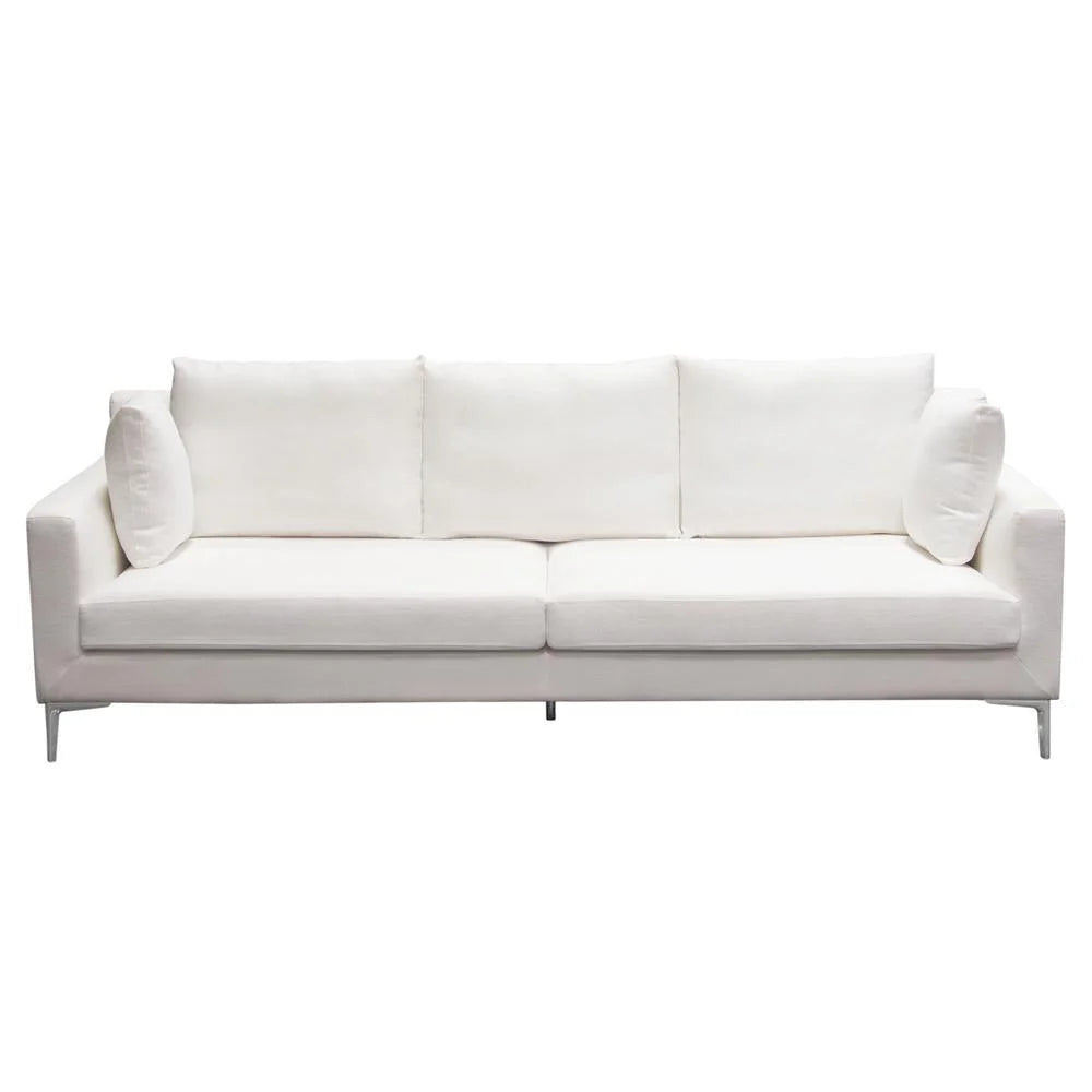 White Linen Sofa with Polished Silver Metal Leg T958