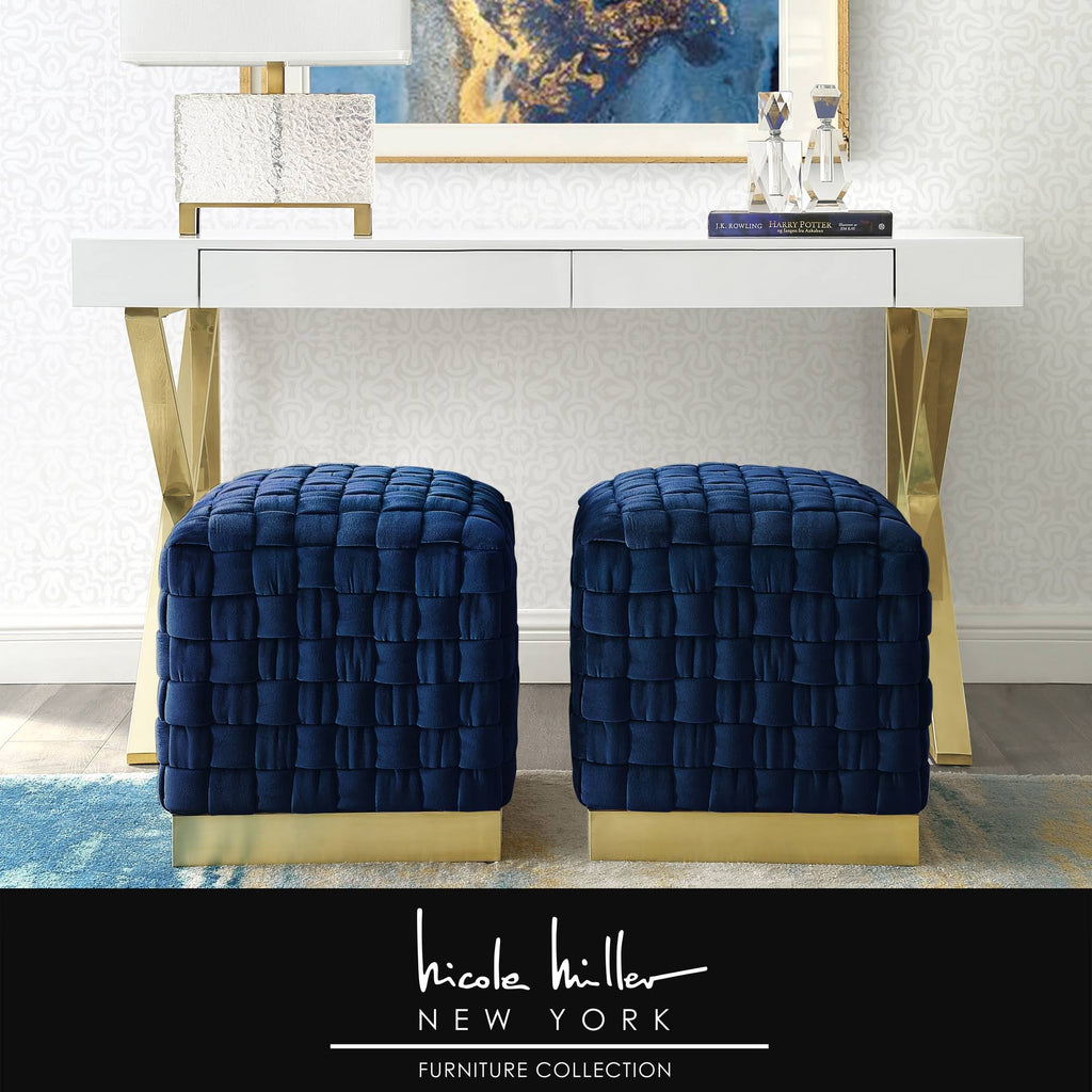 Navy Gold Velvet Cube Ottoman E325