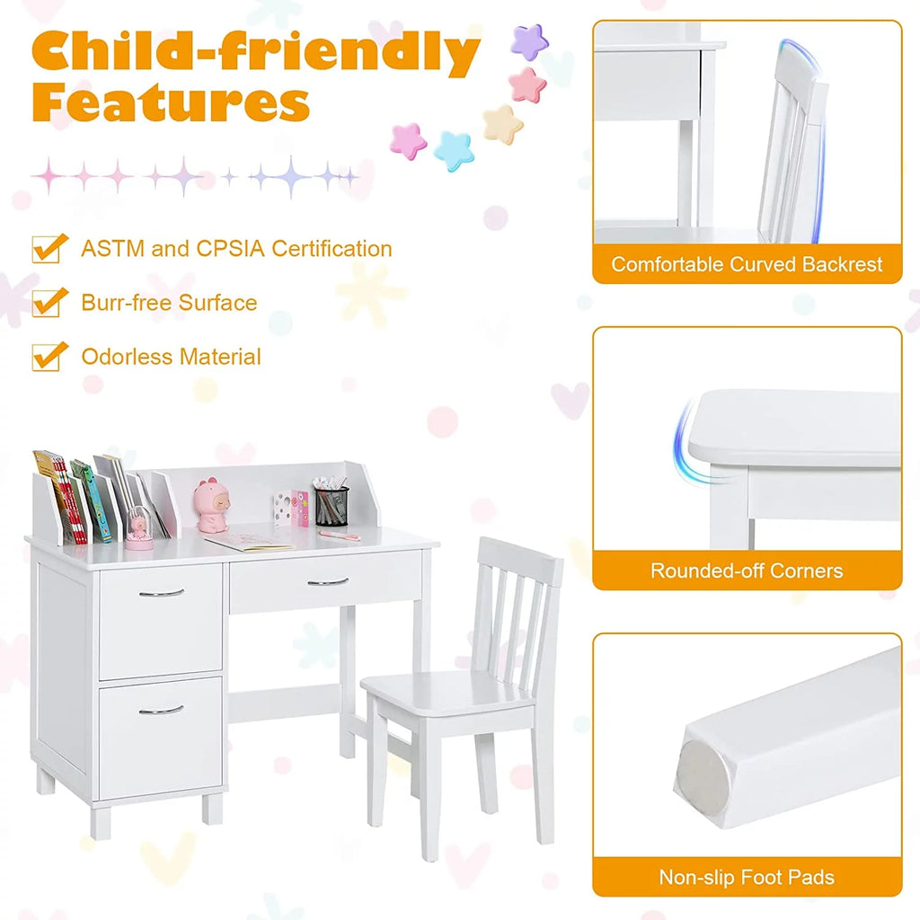 Kids Wooden Desk and Chair Set with Drawer & Storage Cabinets C368517
