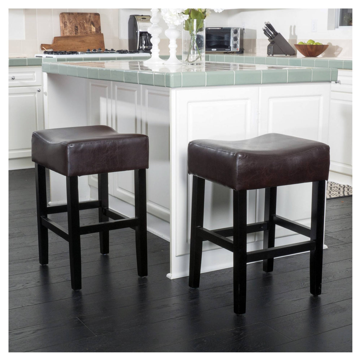 Bonded Leather Backless Counter Stool, Set of 2, Brown Q8211