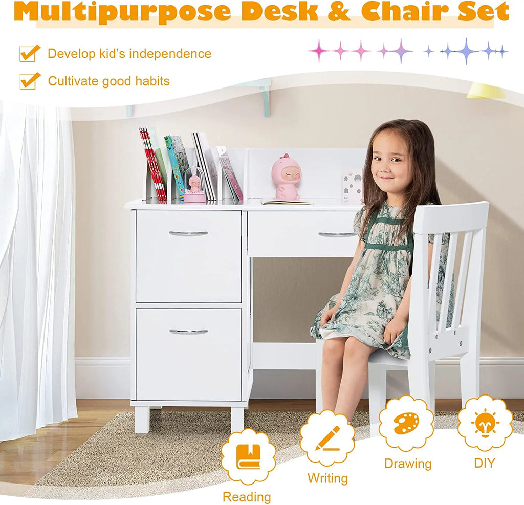 Kids Wooden Desk and Chair Set with Drawer & Storage Cabinets C368517